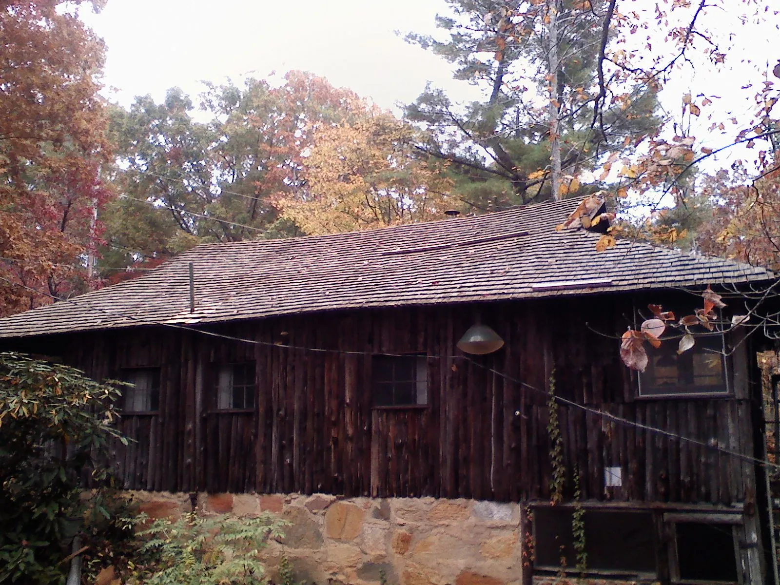 Weathered wood shake roof on a rustic board sided cabin in Cooperstown