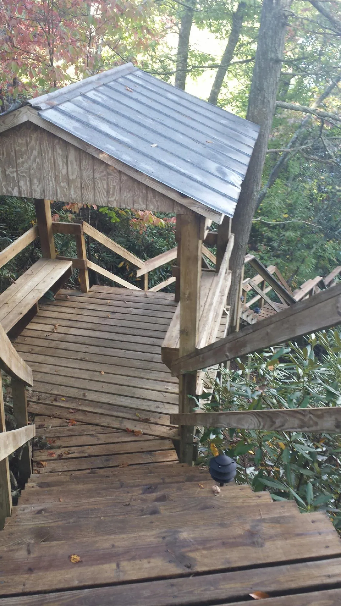 Metal roofed shelter over wooden steps on a wooded walkway — Skylight Repair & Installation work by our crew in Cooperstown
